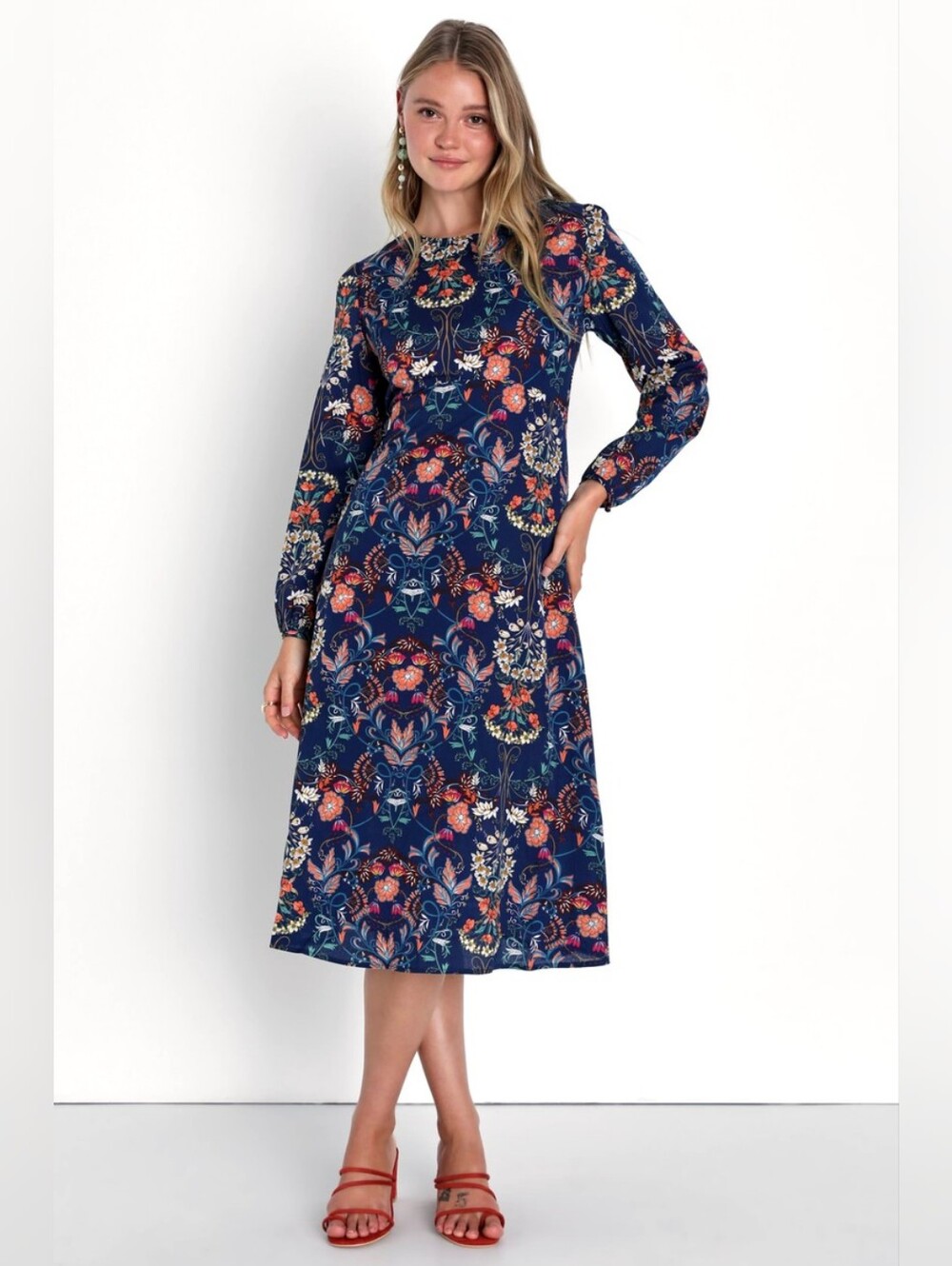 Lulus I. Madeline Garden Splendor Floral Long Sleeve Midi Dress Navy XL NWT
